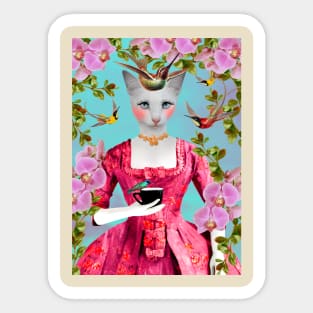 Flowers, Birds and a Cat lady drinking tea Sticker